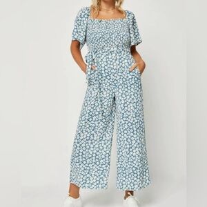 Hayden Blue and White Floral Wide Leg Jumpsuit, 3X